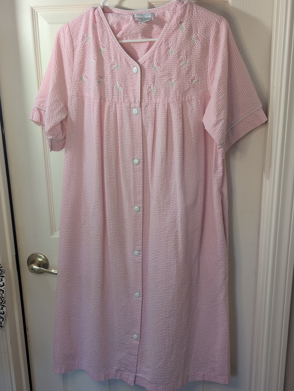 Miss Elaine Pink Checkered SEERSUCKER Snap House Dress Nightgown Robe Sz Sm
